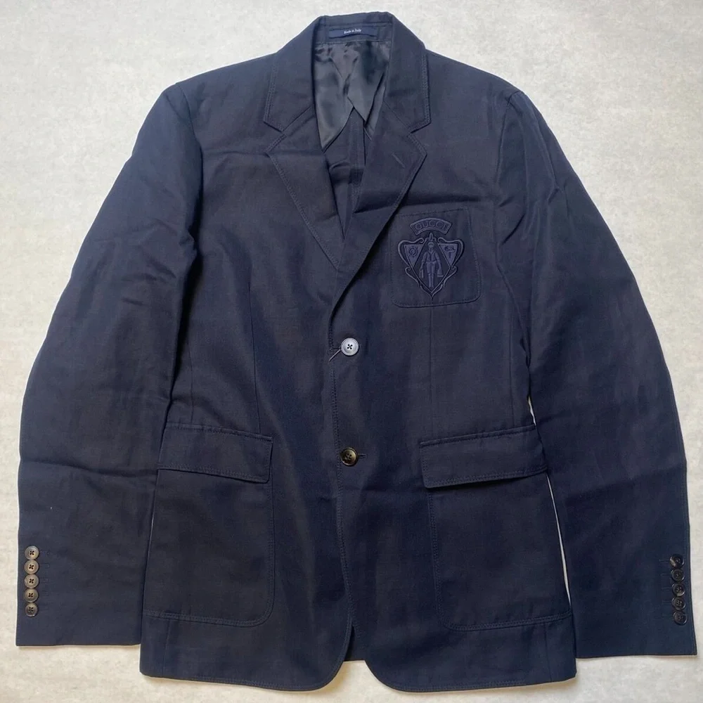 Gucci Men's Cotton Linen Hysteria Crest Blazer Jacket - Navy Blue + Garment Bag